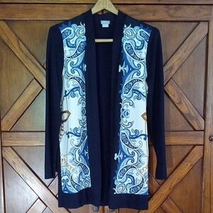 Women's Chicos Navy Paisley Knit and Woven Open Front Cardigan